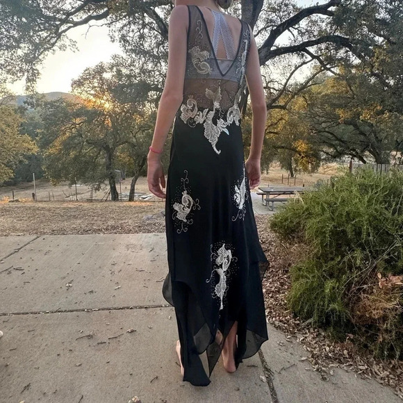 Dark Fairy Wimsy Goth Black Beaded lined gown size small raw hem sheer - Picture 13 of 14